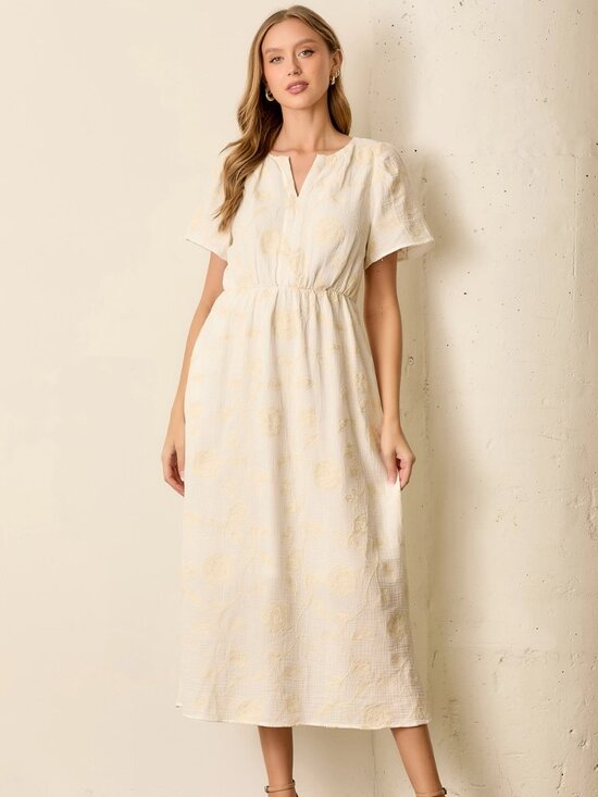 Polagram Dresses & Skirts - Cream Textured Midi Dress with Subtle Yellow Floral Embroidery - Pologram